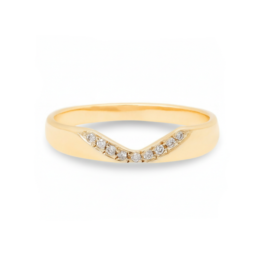 14k yellow gold Notch Halo Ring by Adeline Jewelry featuring nine white diamonds set along a gently curved V-shaped band on a white background.