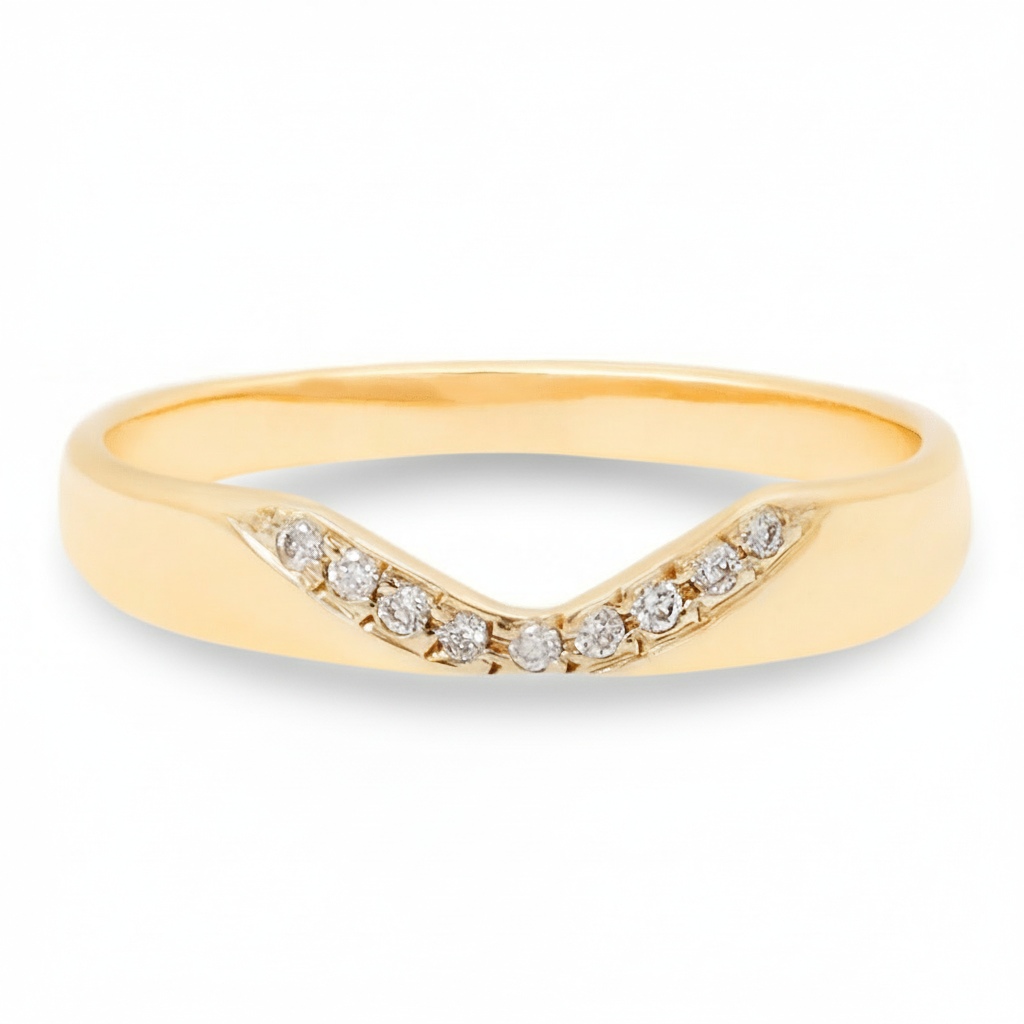 A 14k yellow gold Notch Halo Ring with nine white diamonds on a clean white background