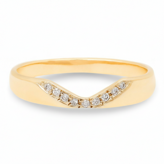 A 14k yellow gold Notch Halo Ring with nine white diamonds on a clean white background