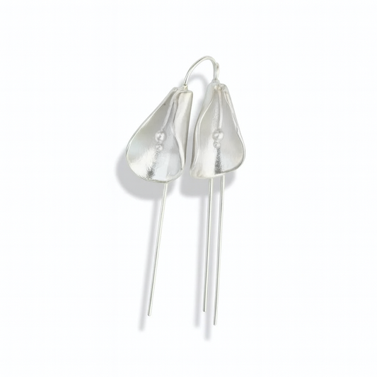 Calla Earrings by Oxbow in sterling silver, featuring sculptural calla lily flowers with long, delicate thread-through stems.