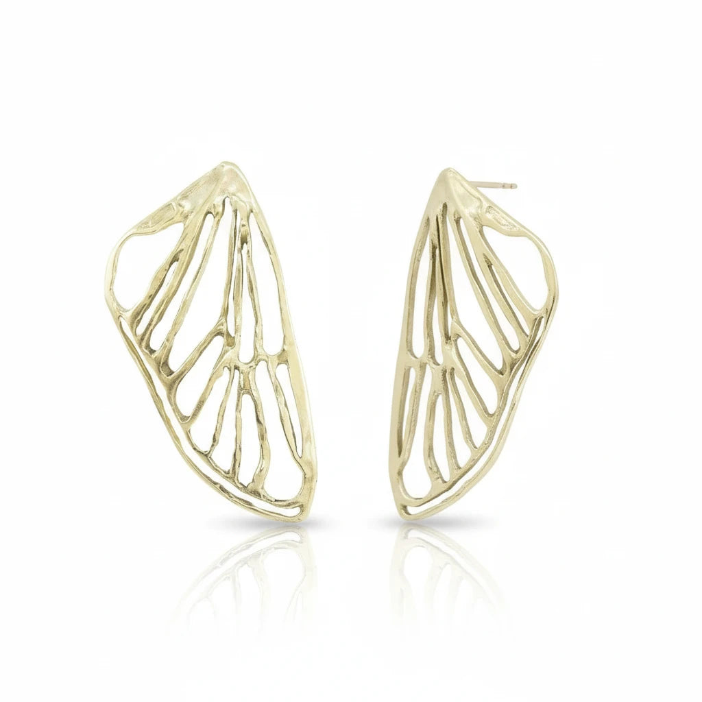 Front view of two handcrafted petite cicada wing earrings in 14k yellow gold plated brass with solid 14k gold posts and intricate openwork detailing.