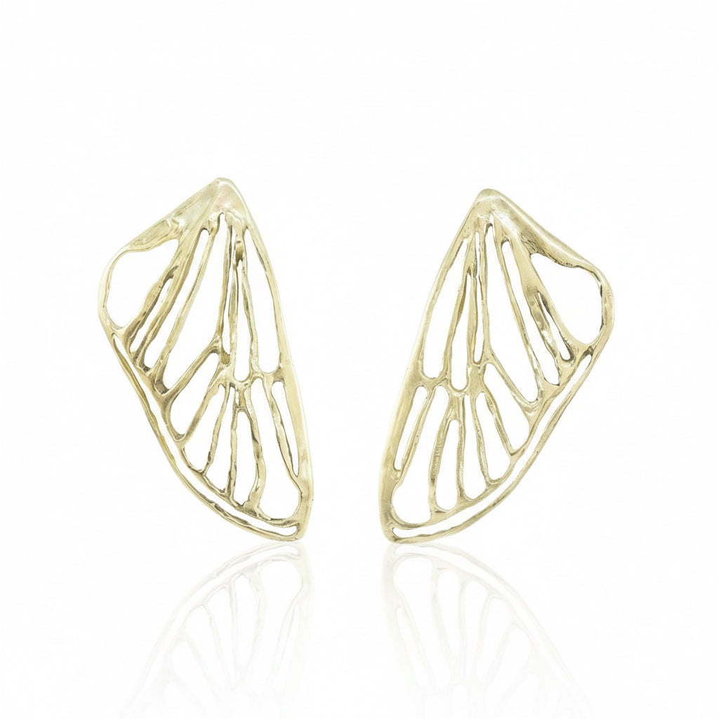 Pair of Petite Cicada Wing Earrings in 14k yellow gold plated brass, featuring delicate openwork insect wing designs hand-carved by Alexis Pavlantos.