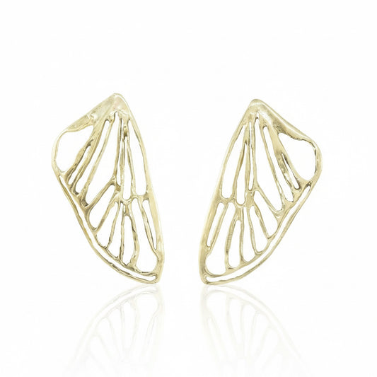 Pair of Petite Cicada Wing Earrings in 14k yellow gold plated brass, featuring delicate openwork insect wing designs hand-carved by Alexis Pavlantos.
