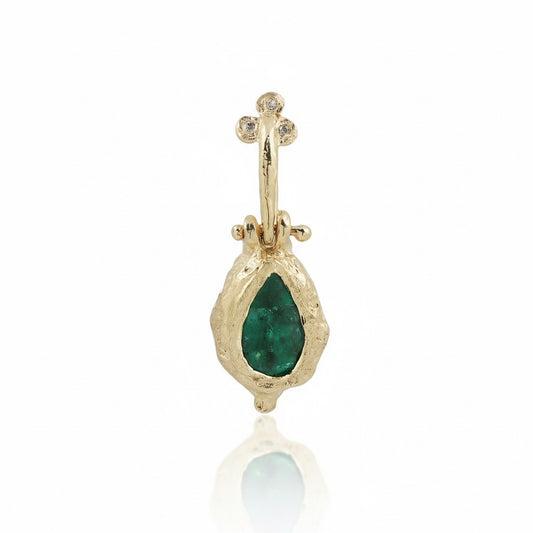 Petra Emerald Enhancer handcrafted in recycled 14k yellow gold, featuring a 1.00-carat Brazilian emerald and three repurposed brilliant-cut diamonds.