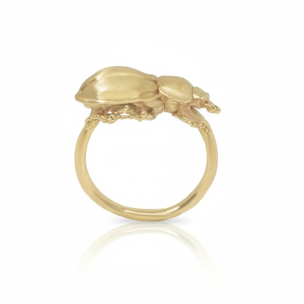 Side profile of the Pinacate Beetle Ring in recycled 14k yellow gold, showing its hollow-form beetle sculpture, raised design, and handcrafted band.