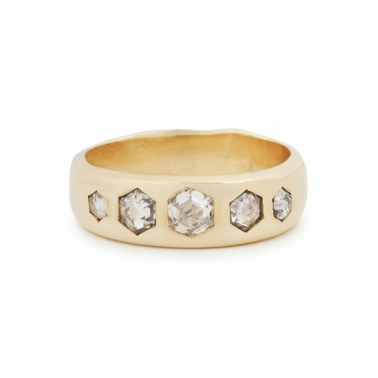 14k yellow gold Quintet Ring by Adeline Jewelry featuring five hexagon rose-cut salt and pepper diamonds set across a wide gold band.