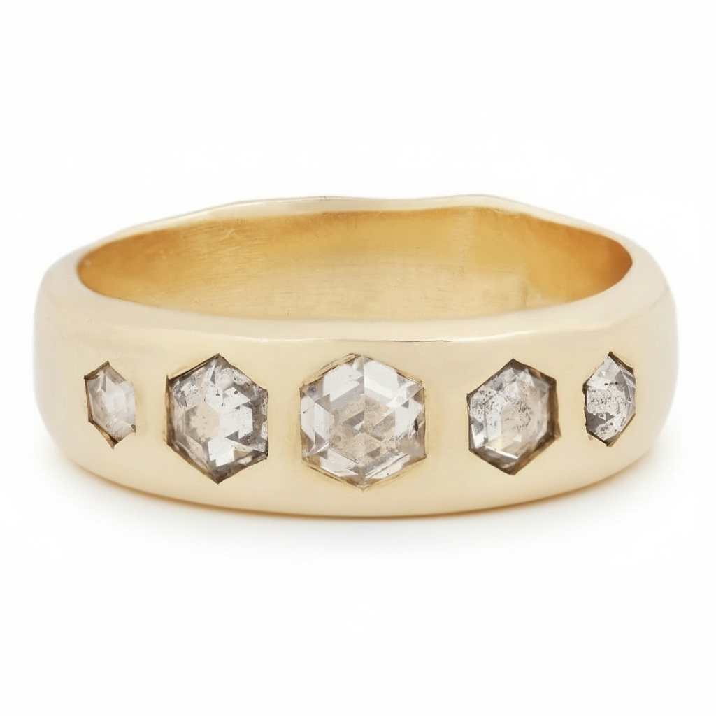 14k yellow gold Quintet Ring with five hexagon rose-cut salt and pepper diamonds on a white background.