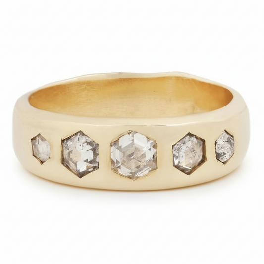 14k yellow gold Quintet Ring with five hexagon rose-cut salt and pepper diamonds on a white background.