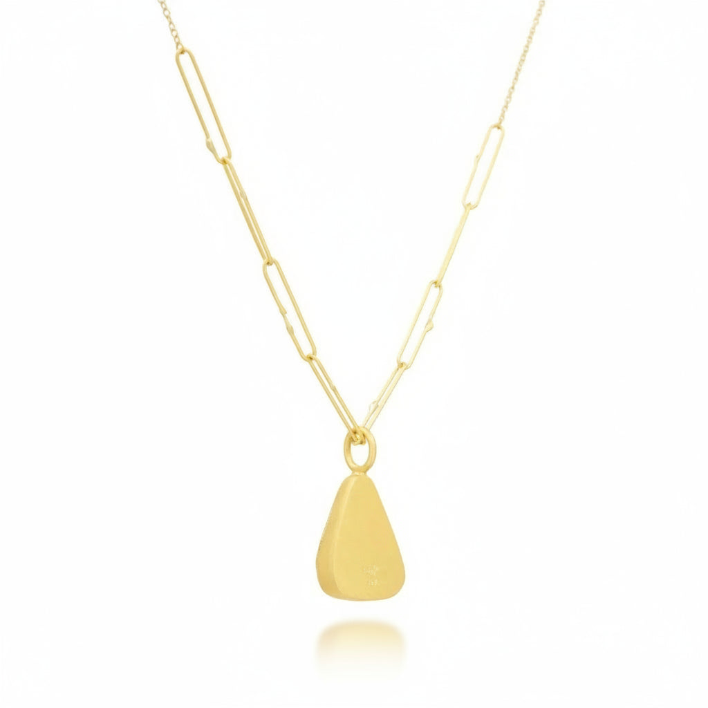 Back and alternate angle of the Rainbow Opal pendant showing the engraved bezel and gold setting.