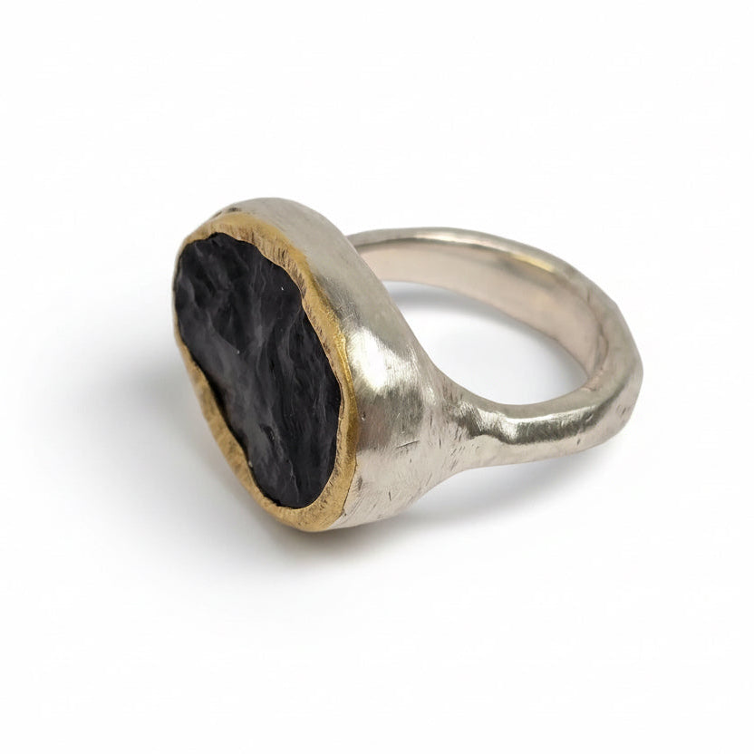 Rough Black Tourmaline Shine Ring - Sterling Silver & 22k Gold