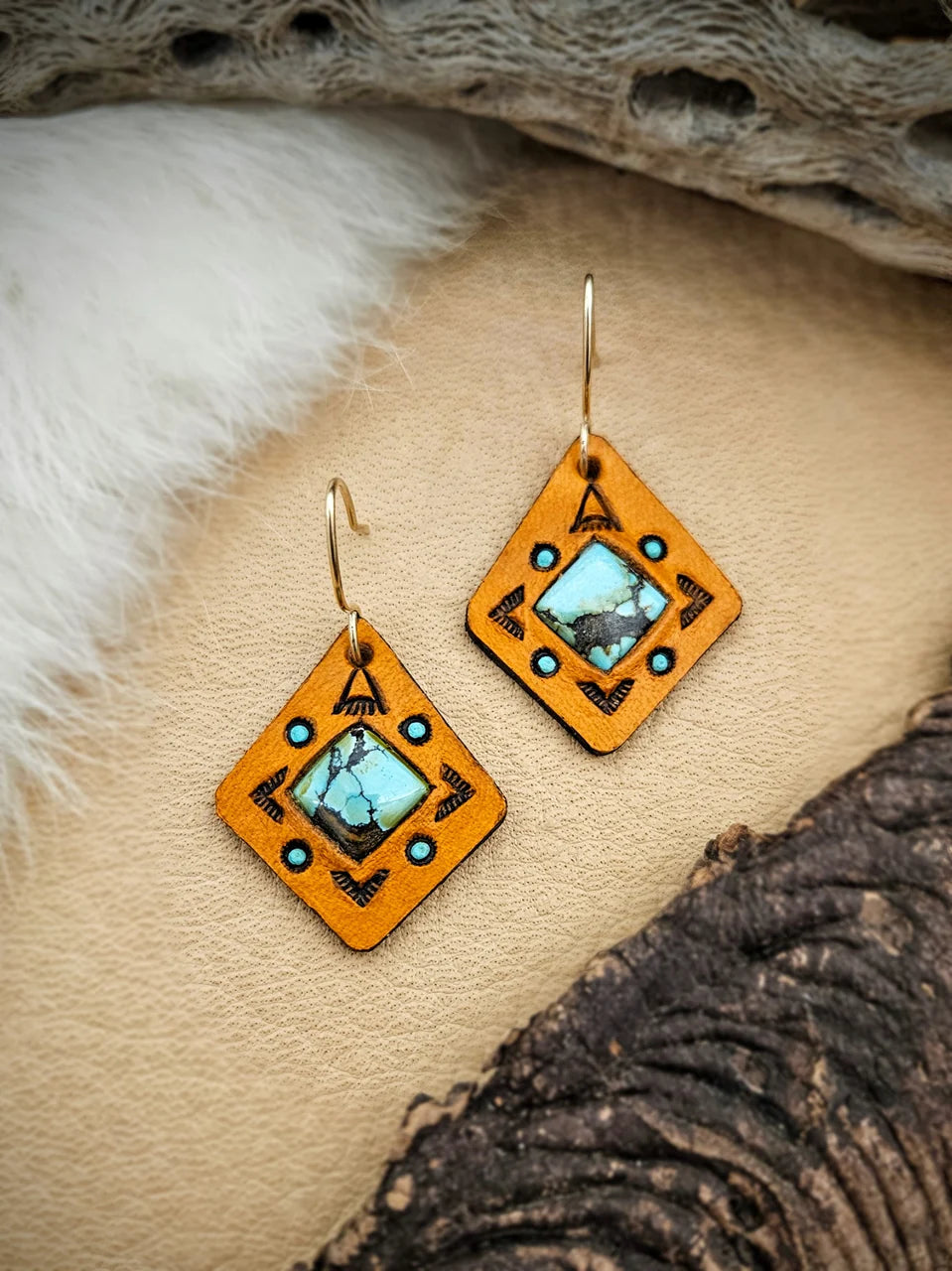 Hubei Turquoise Diamond Drop Earrings - Hand Tooled Leather
