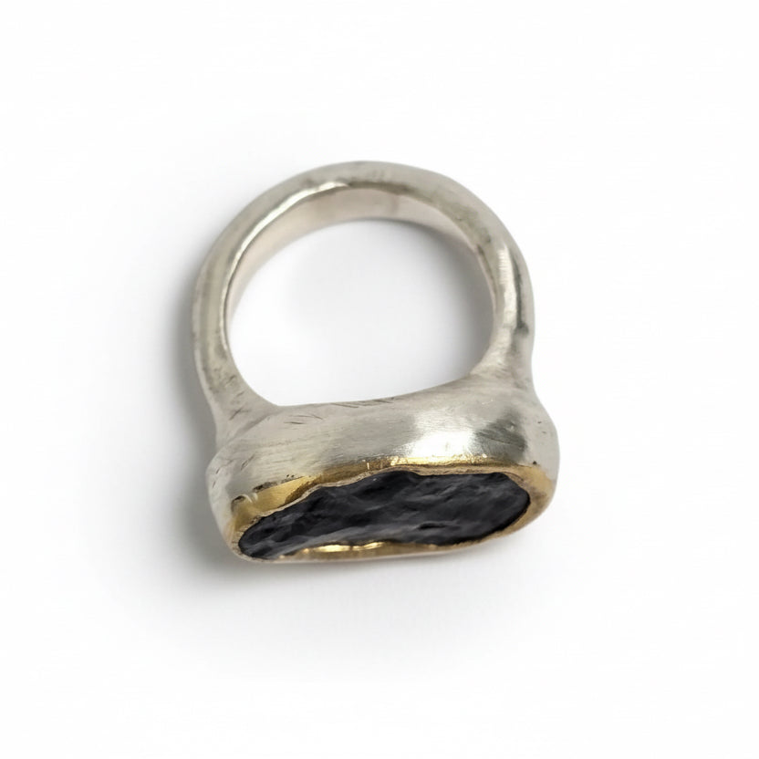 Rough Black Tourmaline Shine Ring - Sterling Silver & 22k Gold