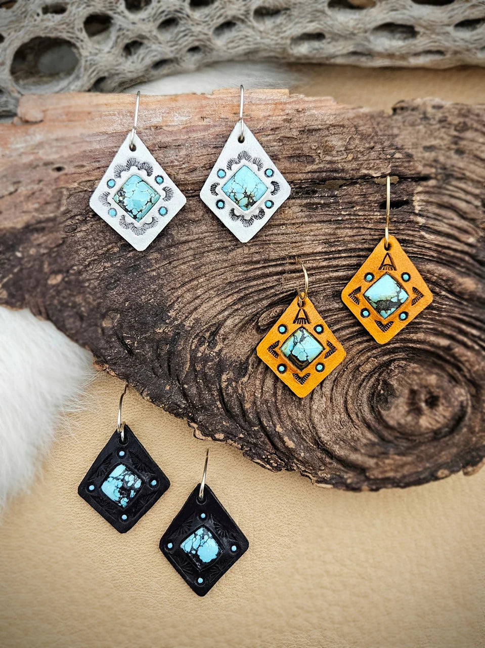 Hubei Turquoise Diamond Drop Earrings - Hand Tooled Leather