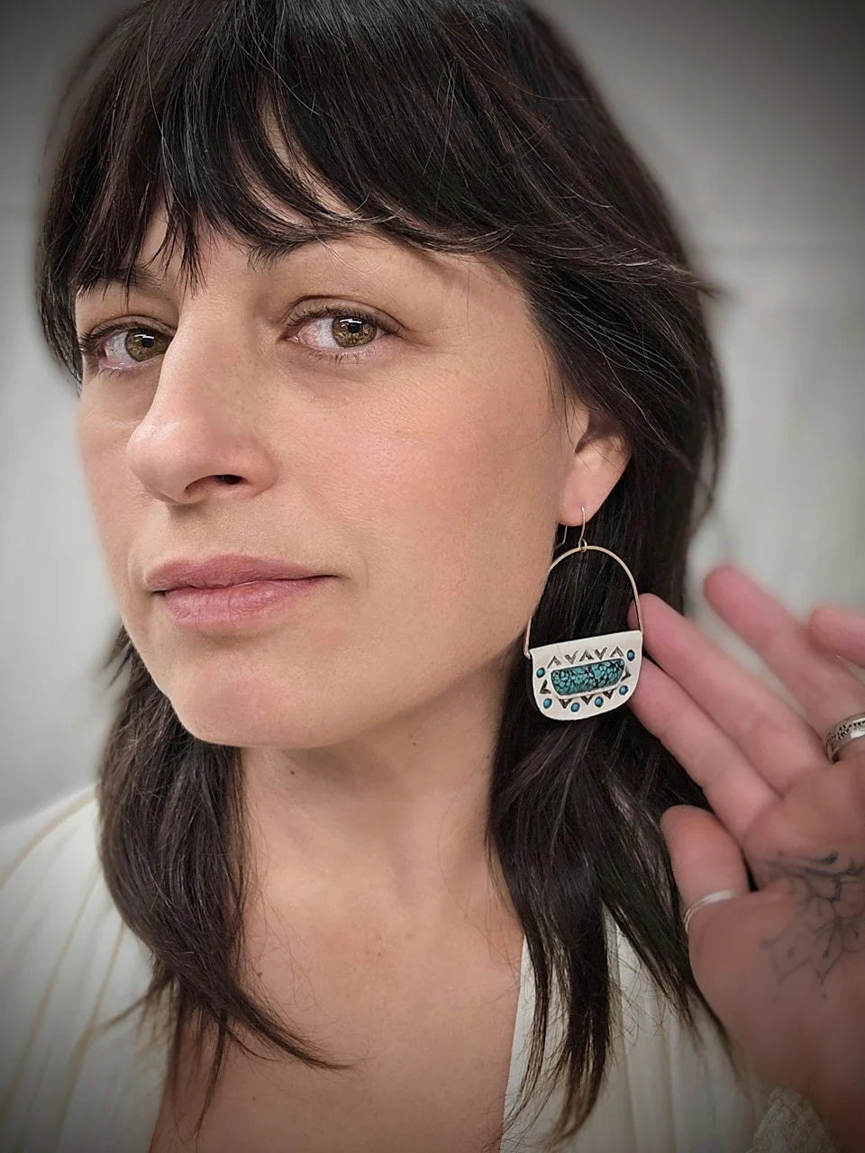 Hubei Turquoise Shield Hoop Earrings - Hand Tooled Leather & Sterling Silver