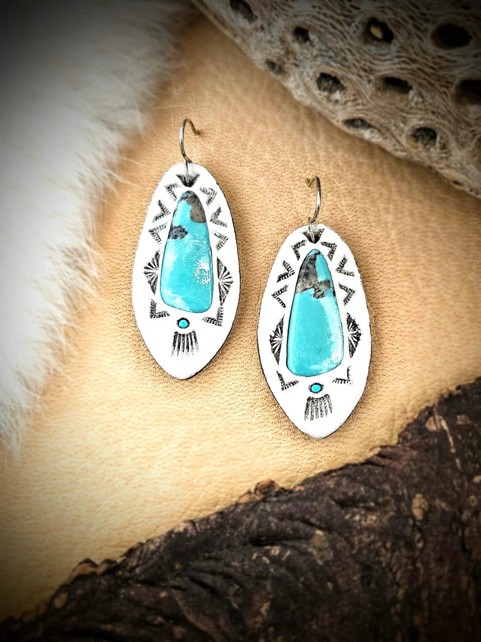 Campitos Turquoise Drop Earrings - Hand Painted Leather & Sterling Silver