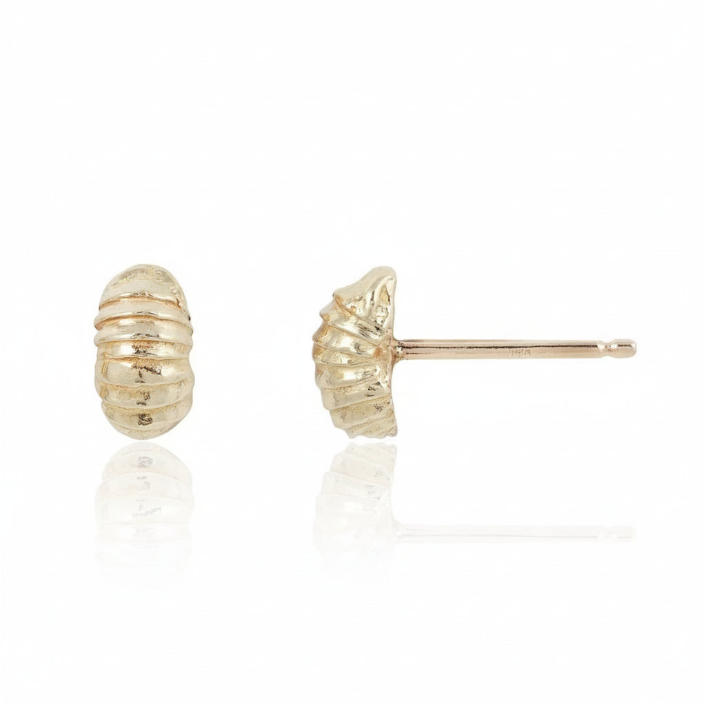 Side view of the 14k yellow gold Roly Poly Stud Earrings, highlighting their curved segmented design, gold posts, and handcrafted details.