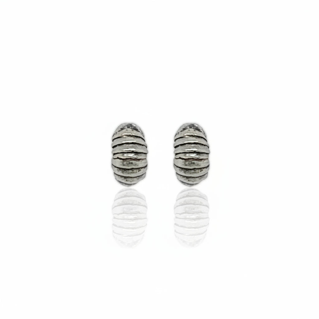 Front view of a pair of handcrafted sterling silver Roly Poly Stud Earrings, featuring detailed segmented surfaces inspired by pill bugs.
