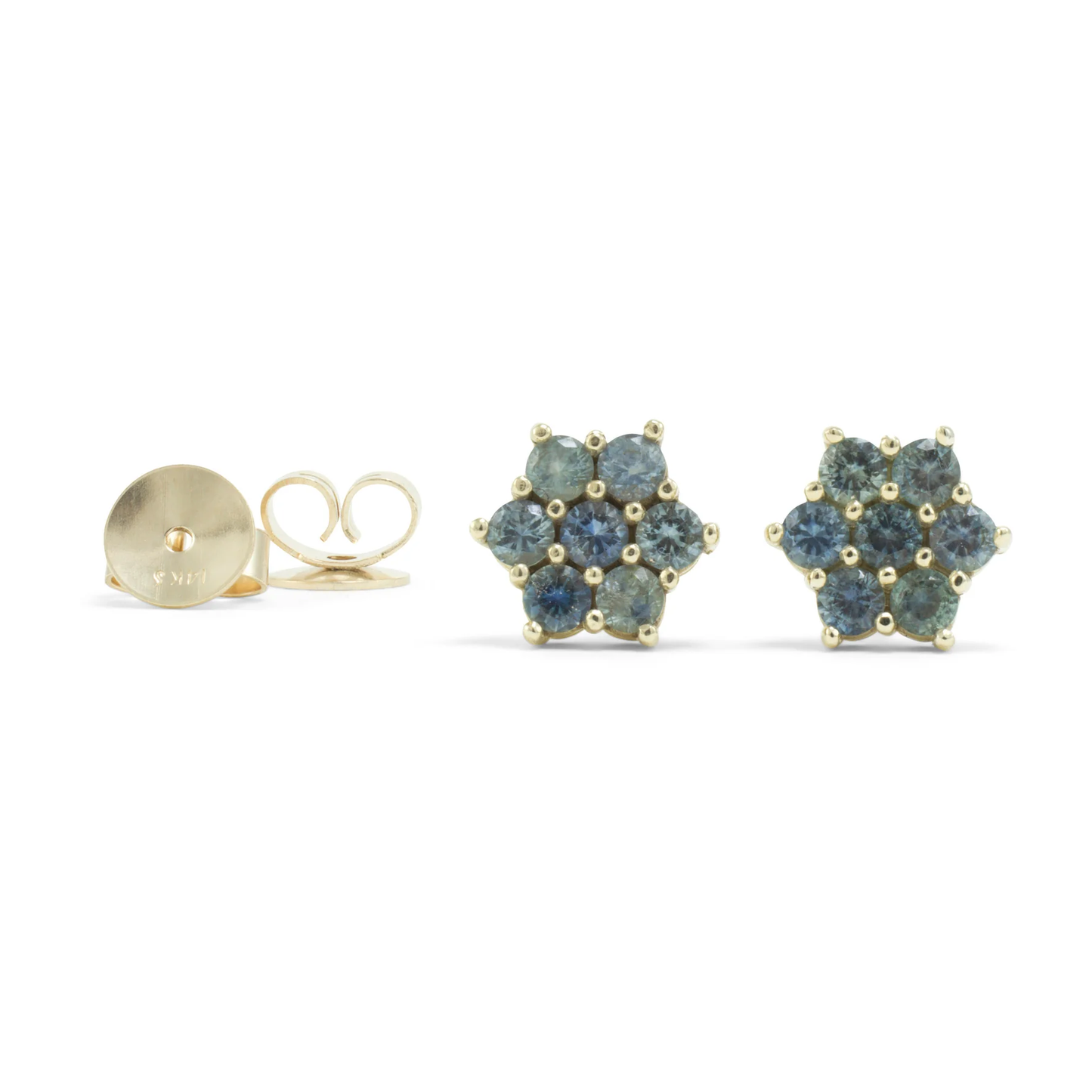 14k gold rose stud earrings with Montana sapphires shown  the front and push backs on a white background.