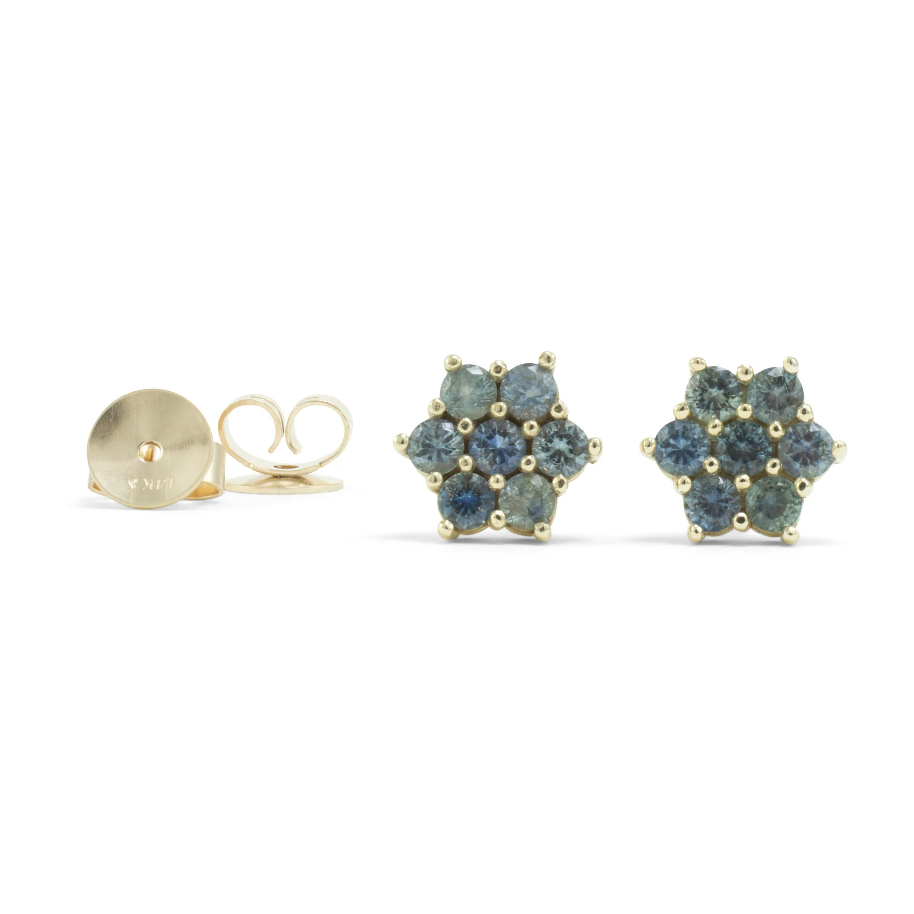 14k gold rose stud earrings with Montana sapphires shown  the front and push backs on a white background.