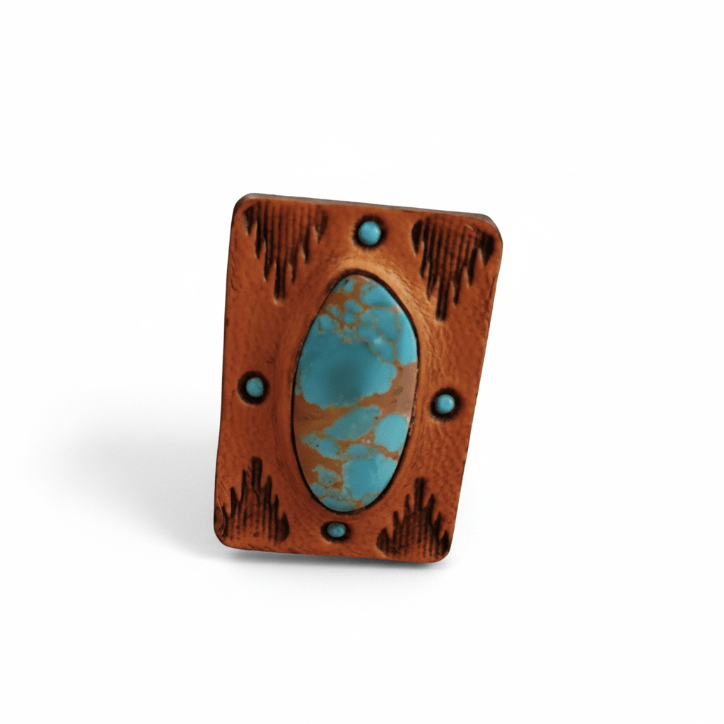 Handcrafted Santa Fe Ring by Kelly Horrigan Handmade, featuring a natural blue-green variscite stone set in warm brown hand-tooled vegetable-tanned leather with carved geometric details.
