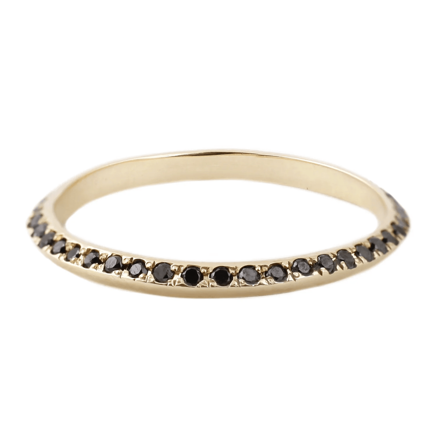 14k yellow gold knife-edge eternity band with a row of black diamonds on a white background.