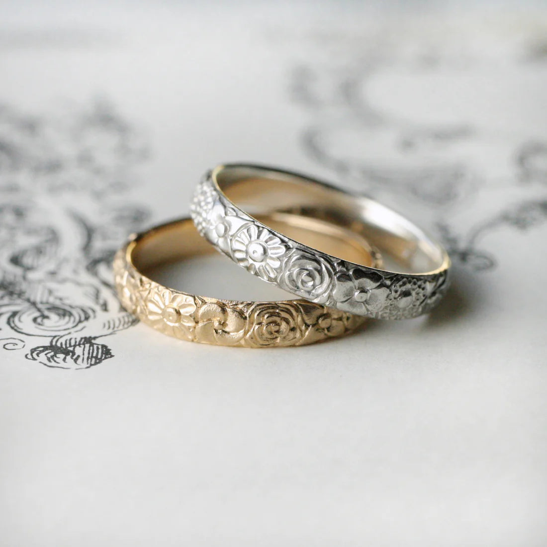 Secret Garden Band Ring - Hand Engraved Sterling Silver Floral Band