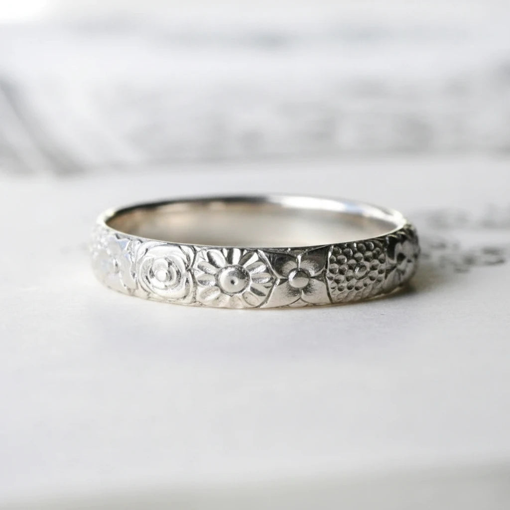 Secret Garden Band Ring - Hand Engraved Sterling Silver Floral Band