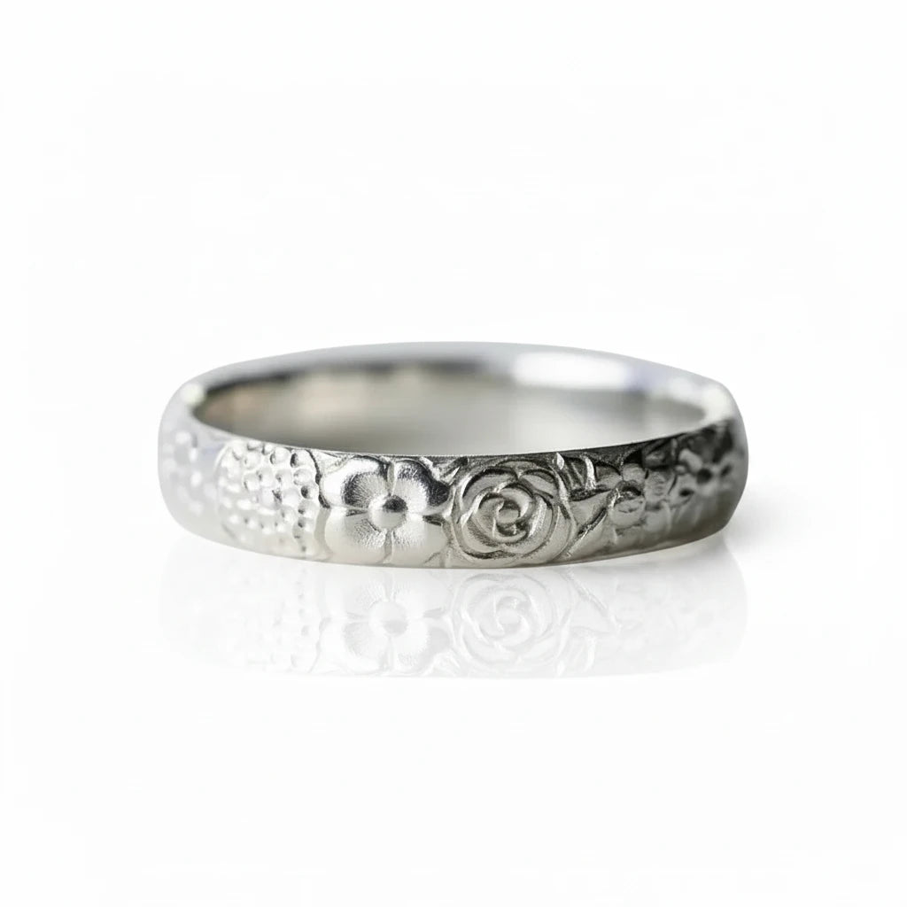 Secret Garden Band Ring - Hand Engraved Sterling Silver Floral Band