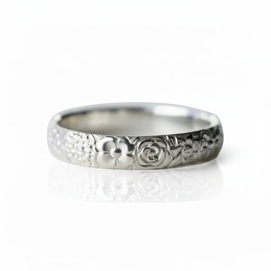 Secret Garden Band Ring - Hand Engraved Sterling Silver Floral Band