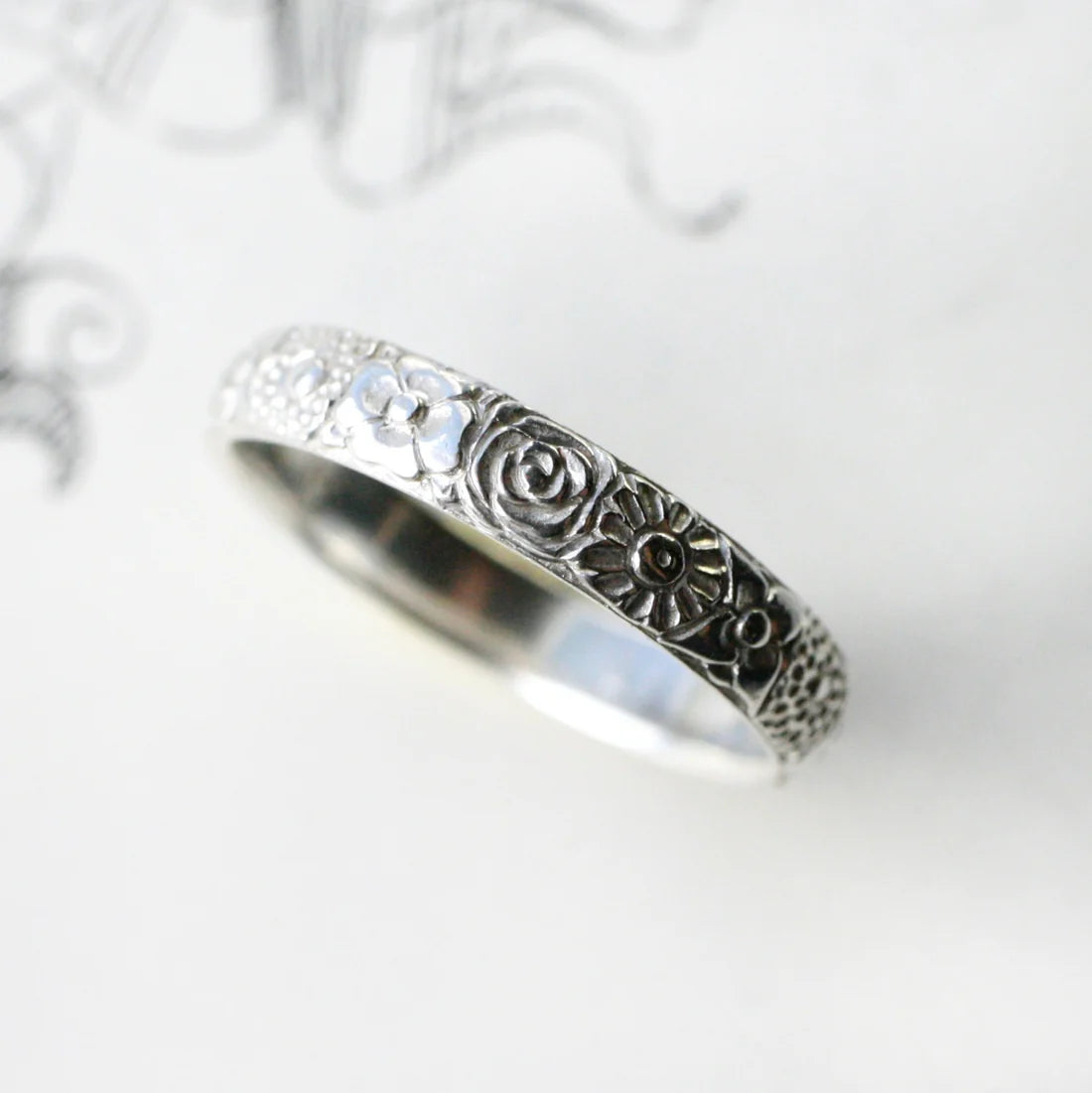 Secret Garden Band Ring - Hand Engraved Sterling Silver Floral Band