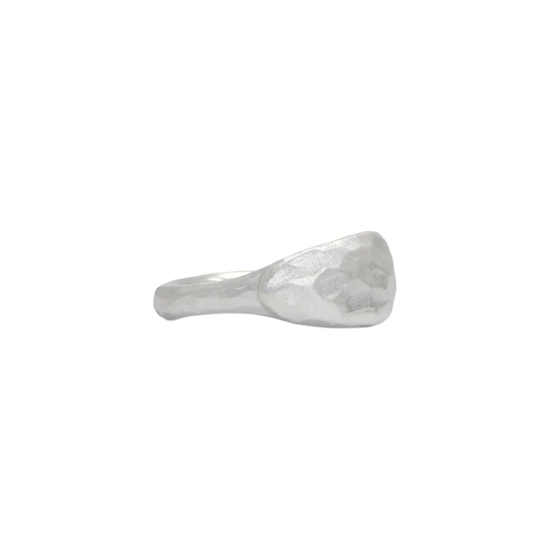 Side profile of the Carved Marquise Signet Ring by Shaya Durbin showing the tapered sterling silver band and raised elongated signet face.
