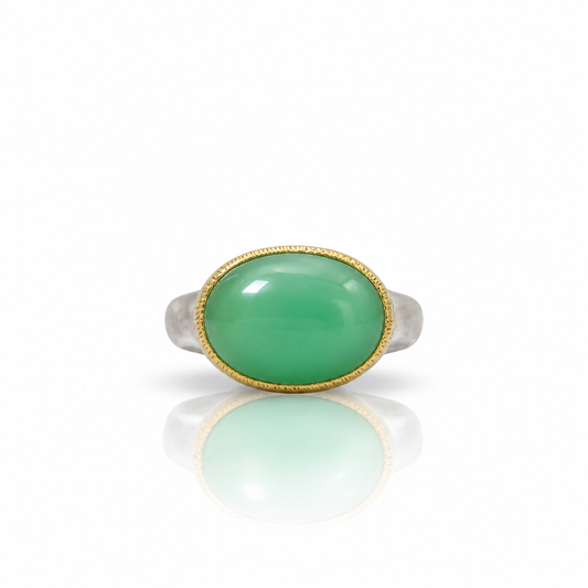 Chrysoprase Shine Ring by Shaya Durbin featuring an apple green chrysoprase cabochon set in 22k yellow gold on a sculptural recycled sterling silver band.