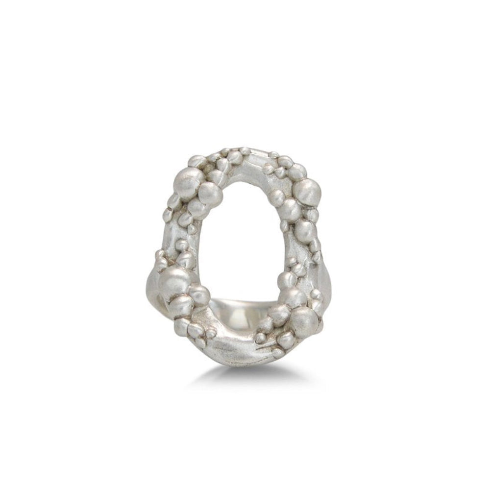 Cluster Circle Ring by Shaya Durbin handcrafted in recycled sterling silver, featuring an open circular design with organic clustered silver forms and a bright polished finish.