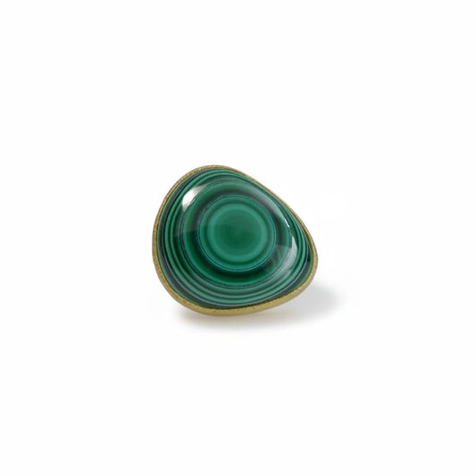 Malachite Shine Ring by Shaya Durbin featuring a green banded malachite gemstone set in recycled sterling silver with a 22k yellow gold bezel.