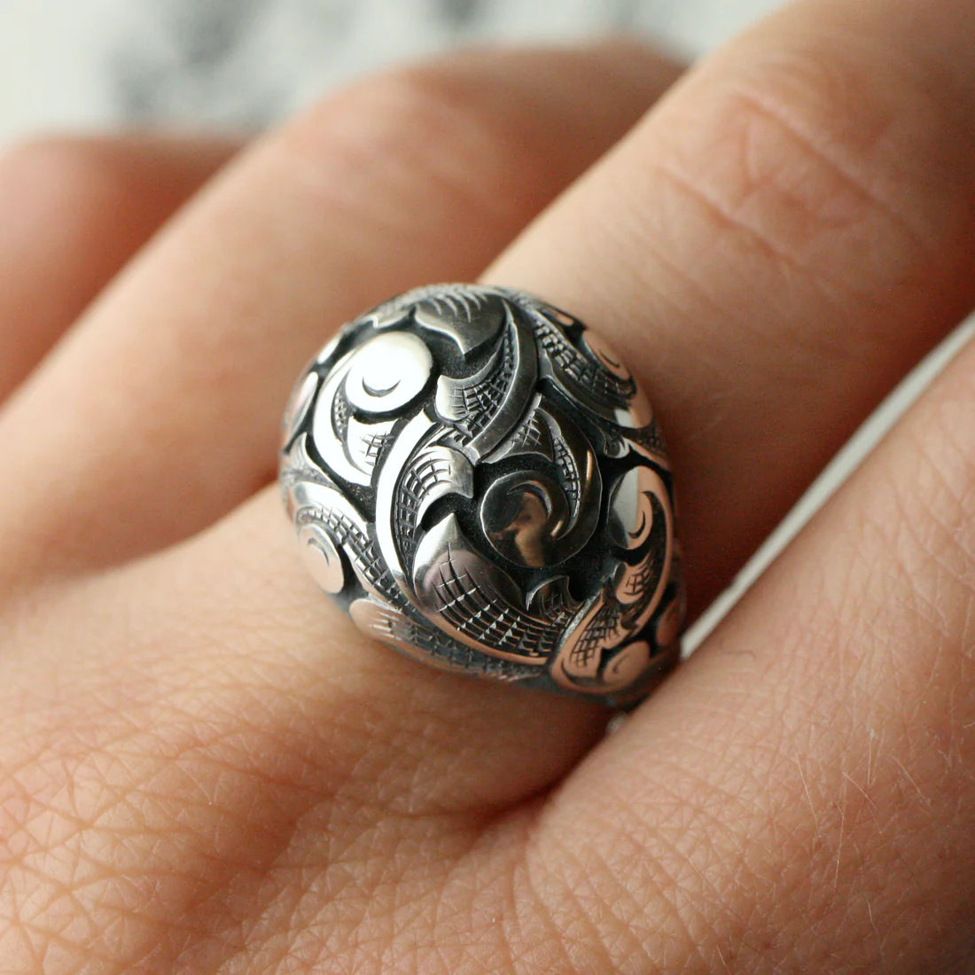 Silver Scroll Bombe Ring - Hand Engraved Sterling Silver