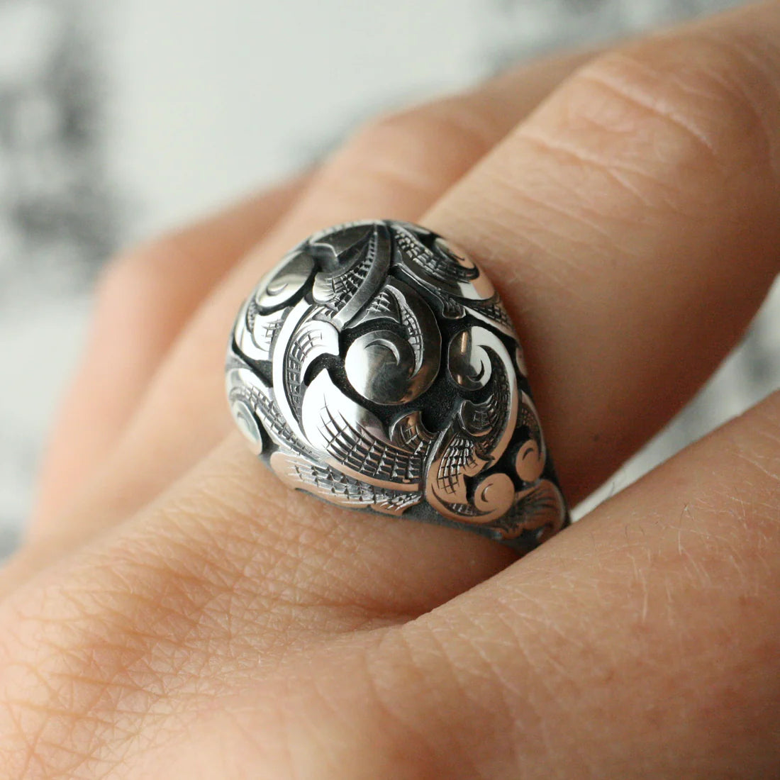Silver Scroll Bombe Ring - Hand Engraved Sterling Silver