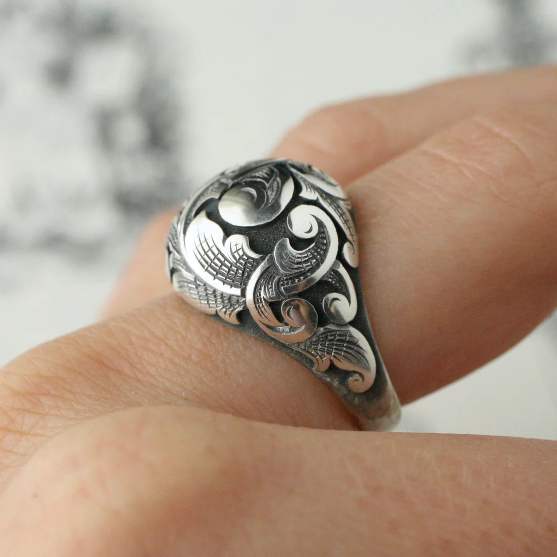 Silver Scroll Bombe Ring - Hand Engraved Sterling Silver