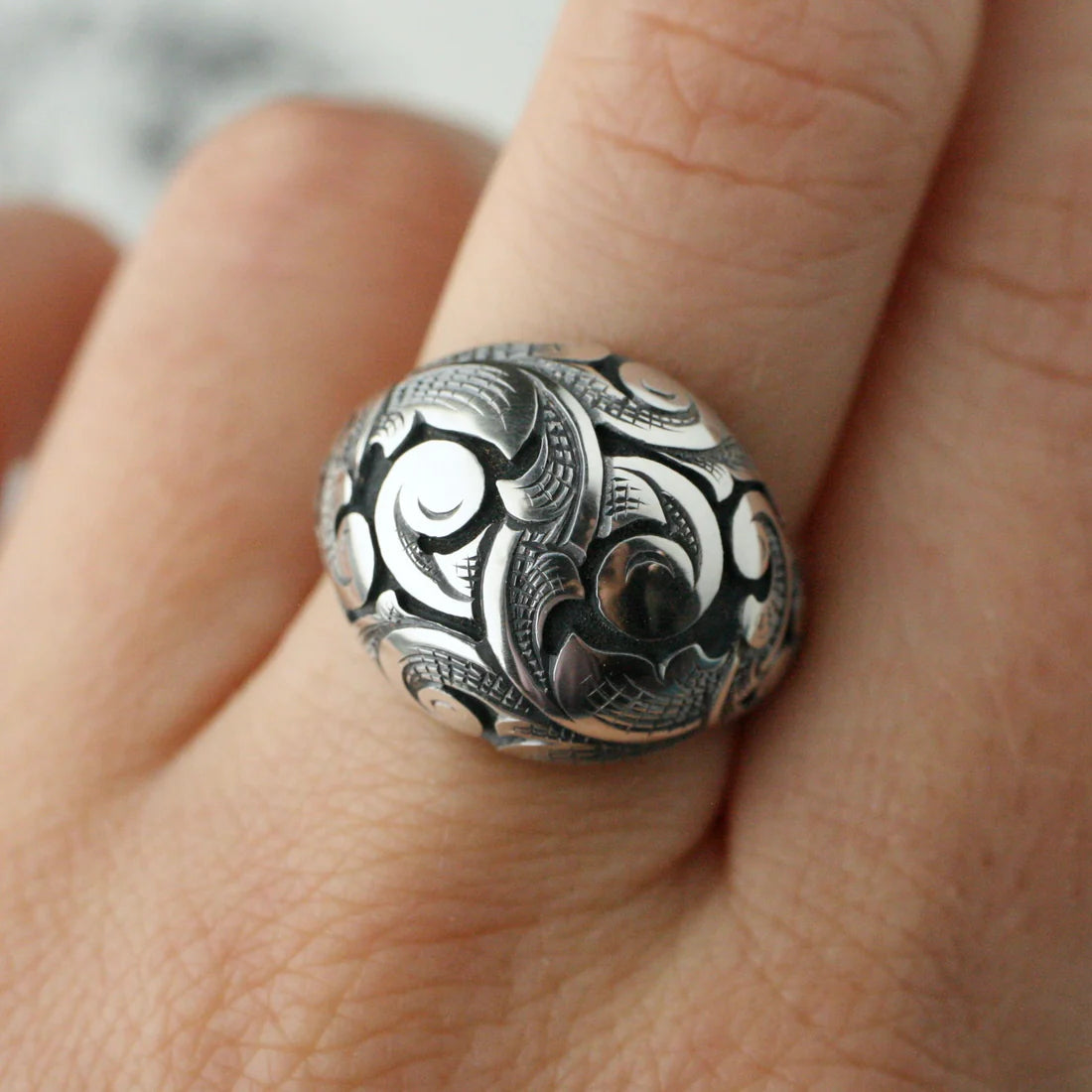Silver Scroll Bombe Ring - Hand Engraved Sterling Silver