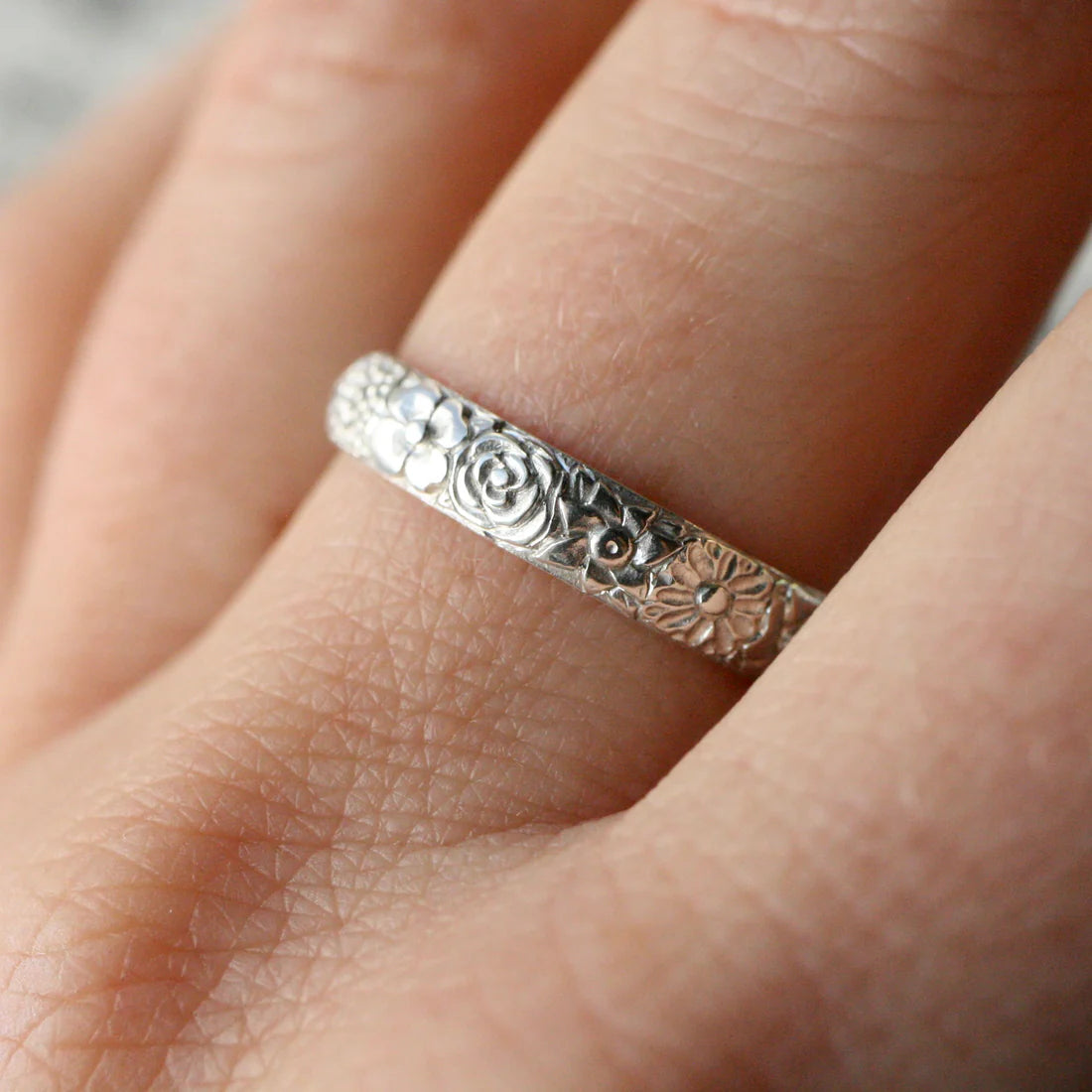 Secret Garden Band Ring - Hand Engraved Sterling Silver Floral Band