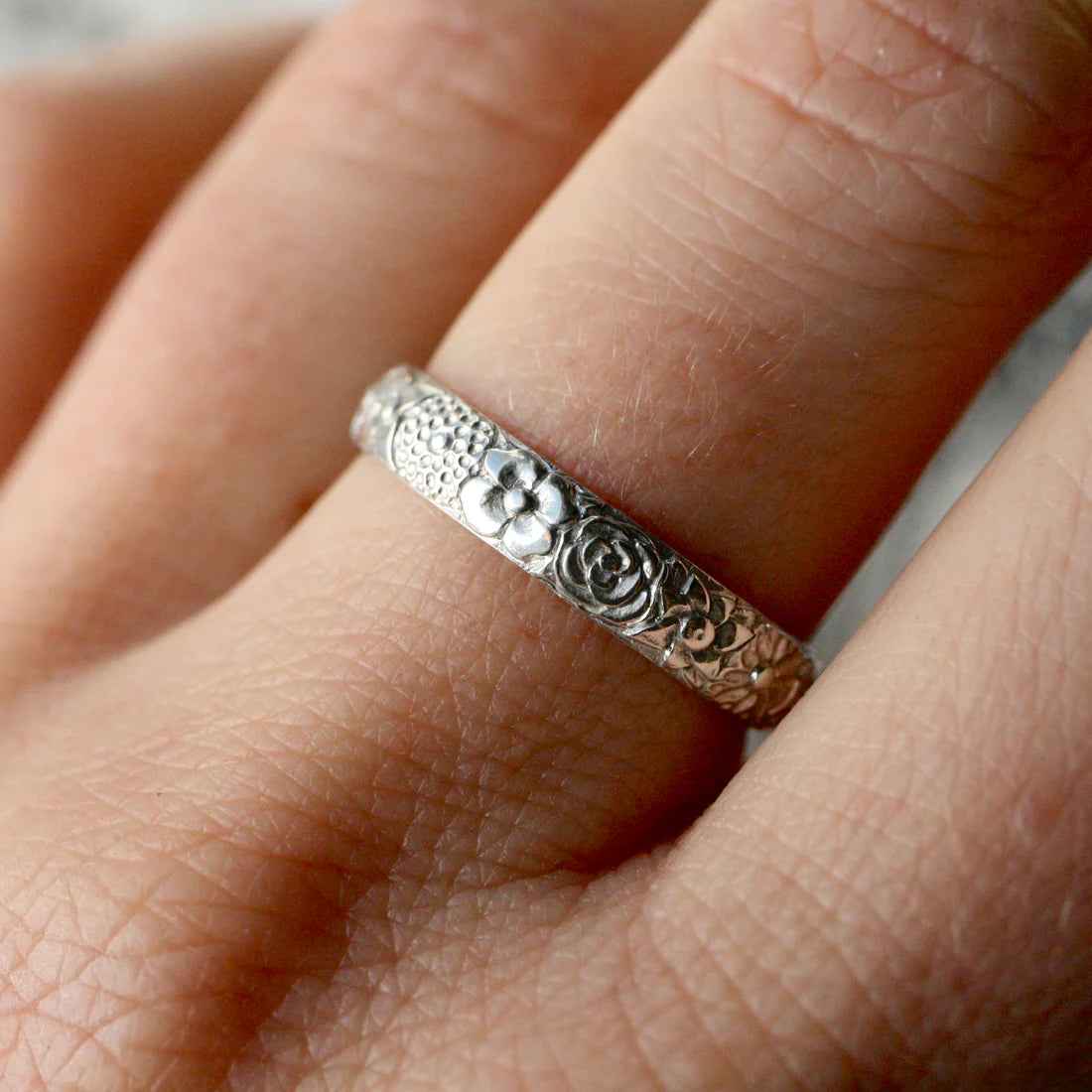 Secret Garden Band Ring - Hand Engraved Sterling Silver Floral Band