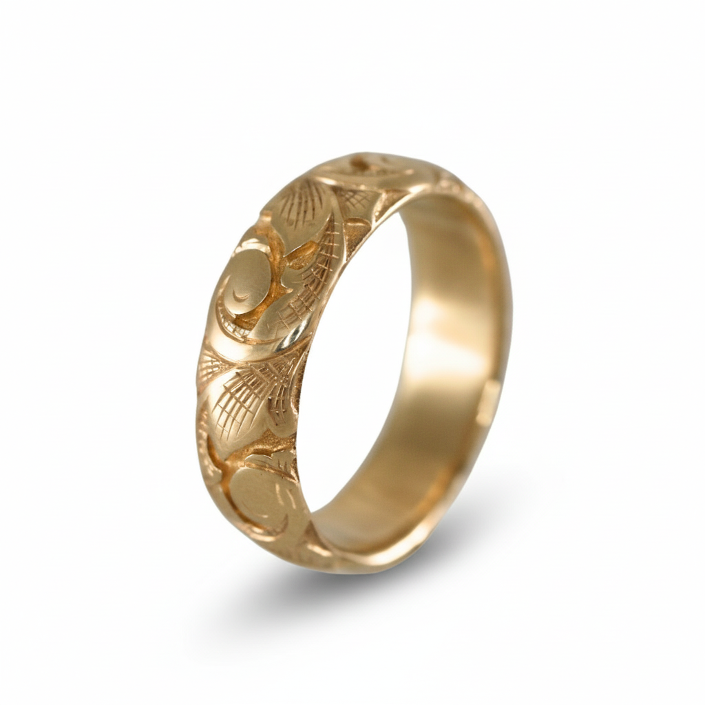 14k gold slim acanthus band on white background – hand-engraved scroll and leaf details.