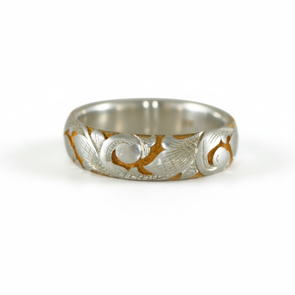 Two-tone slim acanthus band on white background – hand-engraved scroll and leaf pattern.