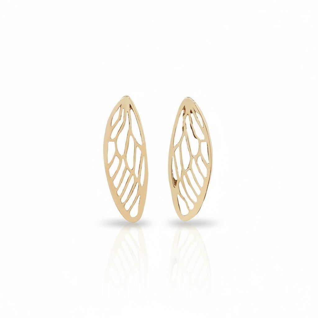 Front view of the Smallest Cicada Wing Earrings by Alexis Pavlantos, featuring delicate hand-carved wing details in solid 14k yellow gold, measuring 9mm long.