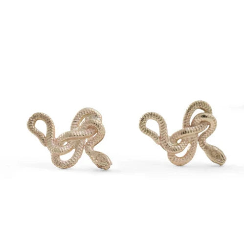 Snake Guardian Stud Earrings by Michaela Farkasovska featuring sculptural coiled snake designs handcrafted in solid 14k yellow gold.