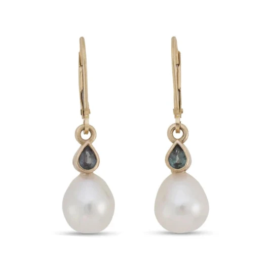 Michaela Farkasovska 14k yellow gold drop earrings featuring white South Sea pearls and blue-green pear-shaped garnets.