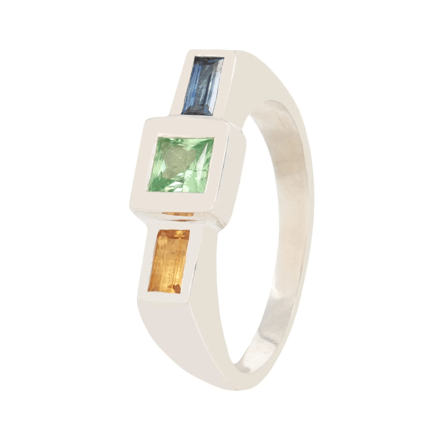 Side view of a sterling silver signet ring with a green tsavorite center stone and citrine and blue sapphire baguettes.