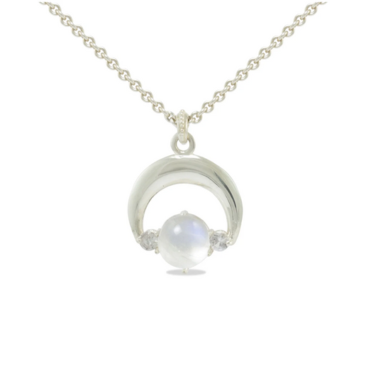 Michaela Farkasovska sterling silver crescent moon necklace featuring a luminous moonstone and two white sapphires.