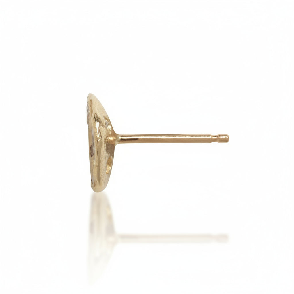 Side view of a handcrafted Symplegma Diamond Stud Earring in solid 14k yellow gold, showing its sculptural diamond cluster setting and straight post.