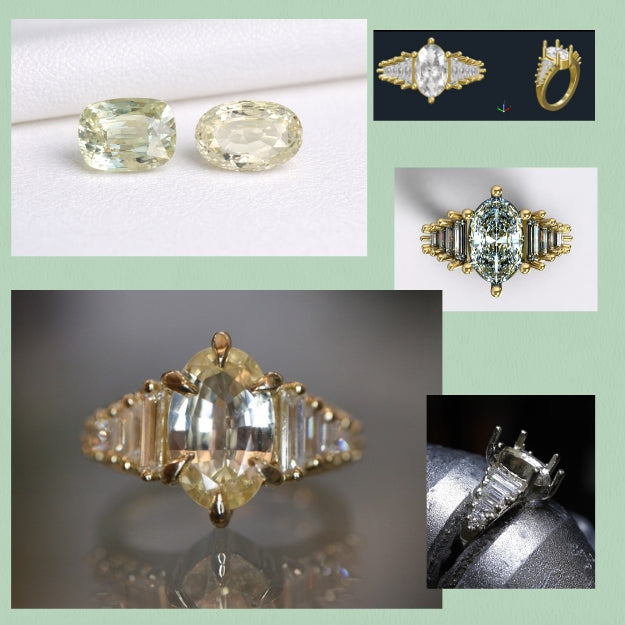 Custom engagement ring design inspiration featuring colored gemstones, diamonds, gold rings, and detailed jewelry settings at Teko Gallery.