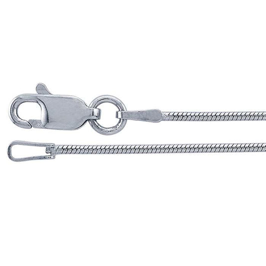 Close-up of Teko Gallery's oxidized sterling silver snake chain showing its darkened finish, smooth flexible links and lobster clasp closure against white.
